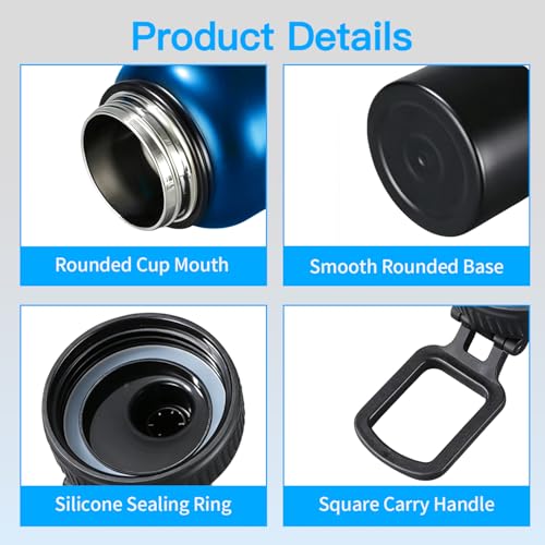 22 Oz Insulated Water Bottle with Handle, 304 Stainless Steel Sports Water Bottle, Wide Mouth Travel Bottle, Blue & Black