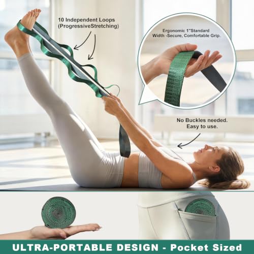 Acozycoo Stretching Strap with Loops for Physical Therapy,Knee,Leg Lifter - color: Green-02, size: Length: 75 Inch, Width: 1 Inch