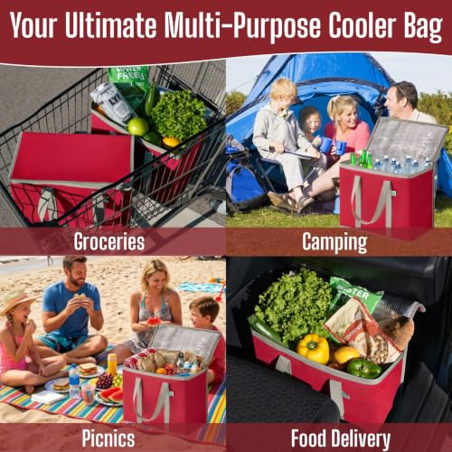 VENO 3 Pack Cooler Bag Insulated Grocery Bags for Food Delivery Heavy Duty - color: Red, size: 3 Pack