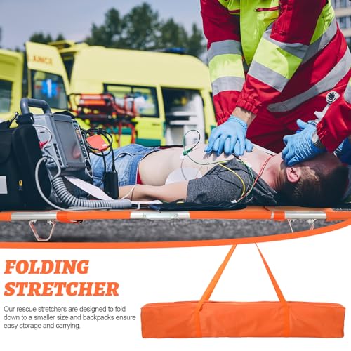 TrelaCo Folding Stretcher 81 x 21.3 x 5.4 Inch Aluminum Alloy Collapsible Gurney Emergency Portable Stretcher with Heavy Duty Handles Rubber Feet for Ambulance Patient Transport, Orange