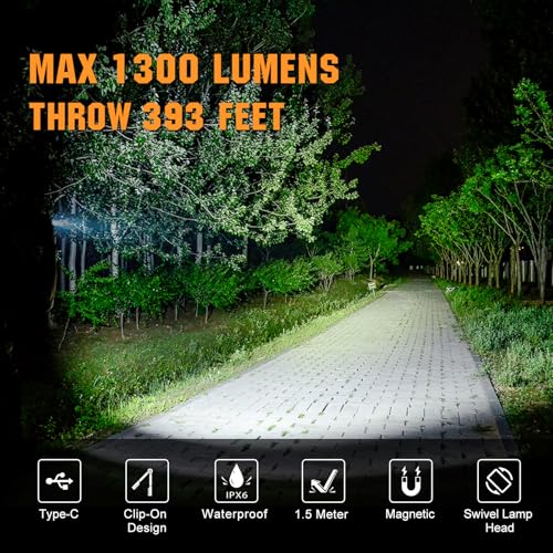 VTIGER C1 Rechargeable EDC Flashlight Clip-on Light, 1300 Lumens Powerful Portable Mini Swivel Clip Light,Multi-Mode,IPX6 Waterproof, Magnetic Small Pocket Lights for Cycling,Working,Emergency,Signal