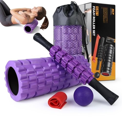 SUBCULTUREPICK 5 in 1 Foam Roller Set for Deep Tissue Muscle Massage - color: Purple