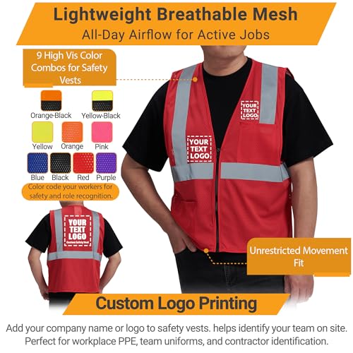 AYKRM 2 Pocket Mesh High Visibility Reflective Safety Vest for men & Women ANSI/ISEA 107 Standards - color: Red, size: X-Small