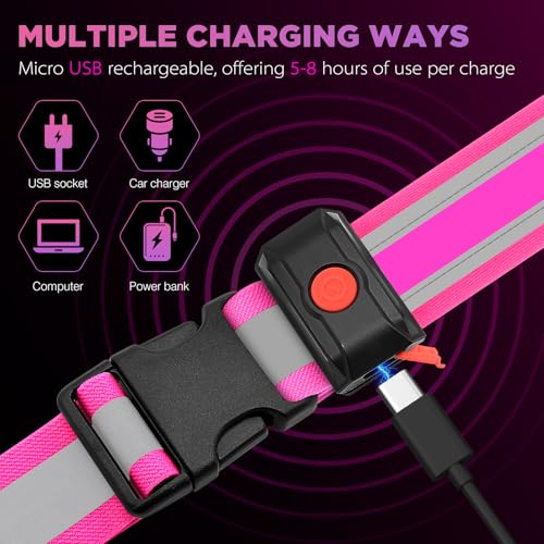 Higo LED Running Belt - Reflective Light Up Waistband for Night Activities, Glowing LED Waist Light for Running, Cycling, Hiking, Camping - color: Pink