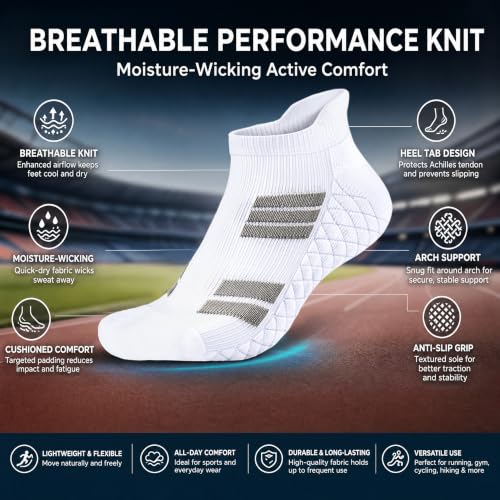 Running Socks Men Size 10-13 Ankle Height with Heel Tab for Athletic - color: 3 Black, 3 White, size: Large