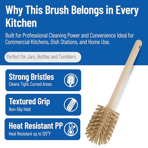 SPARTA 12 Inch Bottle Brush with Polyester Bristles and Plastic Handle, Color Coded, Large Round Head Cleaner for Bottles Jars and Food Service Equipment, Tan - color: Brown