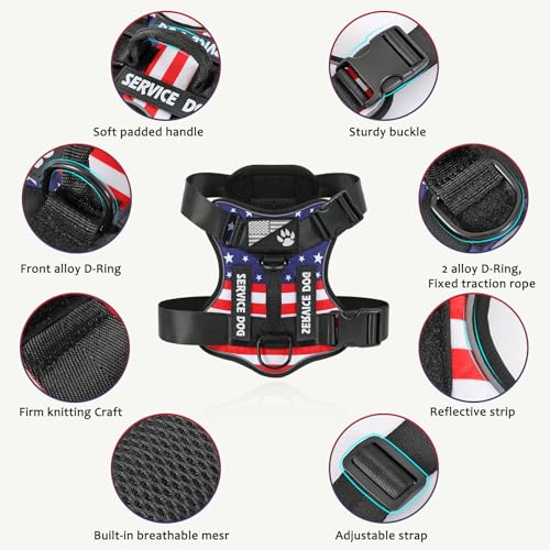 Service Dog Harness, Reflective Dog Vest Harness with 5 PCS Patches, Adjustable Soft Oxford Pet Harness, Inner Layer Mesh, Easy to Control - color: USFLAG, size: X-Large (Pack of 1)