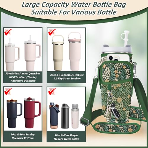 Water Bottle Carrier Bag for Stanley 40/30oz Cup Tumbler with Phone Pocket,Insulated Crossbody Water Bottle Holder with Adjustable Strap,Water Bottle Sling Pouch for Hiking Walking Camping Accessories - color: Green Flowers
