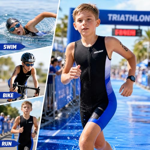 Boys Triathlon Suit Youth Racing Tri Skin Suit for Cycling Swim Run - color: Black/Blue-1, size: Medium