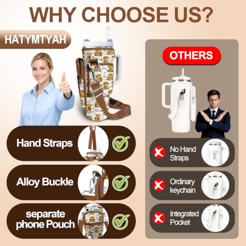 Water Bottle Carrier Bag for Stanley Cup 40oz/30oz with Phone Pocket, Neoprene Water Bottle Holder with Adjustable Shoulder & Handle Strap, Stanley Cup Accessories for Walking Travel Gym - color: Highland Cattle