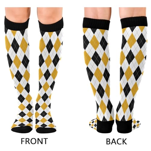 JUNZAN Buffalo Plaid Red Black Knee High Socks Compression Socks for Women Men Kid for Running Sports Nurse - color: Argyle Plaid Black Yellow