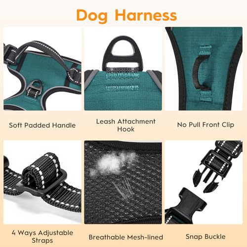 No Pull Dog Harness, No-Choke Soft Padded Reflective Dog Vest Harness with Front Clip & Top Handle, 2 Quick-Release Buckles, Adjustable for Small Medium Large Dogs - color: Glacial Teal, size: X-Small