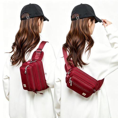 Fanny Pack for Women, Fashion Crossbody Waist Bag with 5 Zipper Pockets, Lightweight Adjustable Strap Chest Bag for Travel Hiking Running (Burgundy) - color: Burgundy