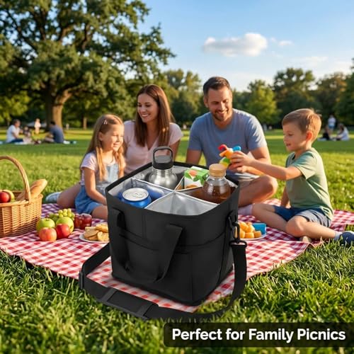 Drink Carrier Bag, 4 Compartment, Insulated Drink Carrier – Water Bottle Holder with Strap, Padded Handle Grip, Family Picnic Cooler Bag for Travel, Commute (Black) - color: Black