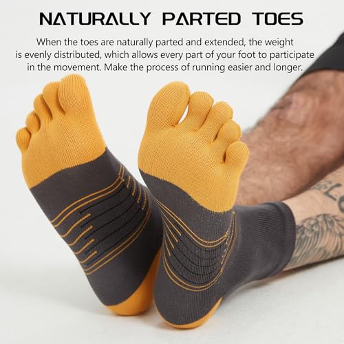 Sunew 3 Pairs Toe Socks for Men Women,Viscose Bamboo Breathable Athletic Running Five Finger Ankle/Quarter Socks - color: Grey+yellow, size: Medium