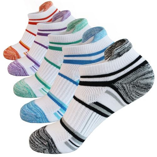 BIOAUM Women's Cotton Athletic Ankle Socks, Cushioned for Running, 6 Pairs - color: White 5 Pairs, size: 5-8