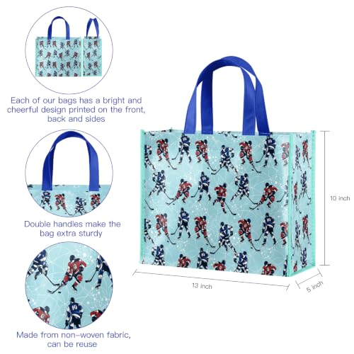 WRAPAHOLIC Large Reusable Ice Hockey Gift Bag with Handles - 10 x 5 x 13 inch - Blue Ice Hockey Player Winter Sports Gift Bags for Birthday, Sports Party, Team Celebration