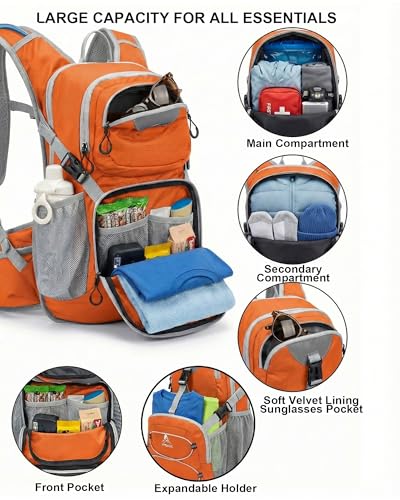 VPBAGE Hydration Backpack with 2L Bladder – Thermal Insulated Water Pack for Hiking, Skiing, Running – Lightweight Daypack for Men & Women, Soft-Lined Sunglasses Pocket & Large Waist Pockets - color: Orange