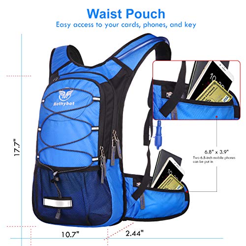Mothybot Insulated Hydration Backpack Pack with 3L BPA Free Leak Proof Water Bladder, Large Storage Lightweight Hiking Daypack with Waist Pouches & Cooler Layer, for Running, Biking, Camping, Festival - color: Blue