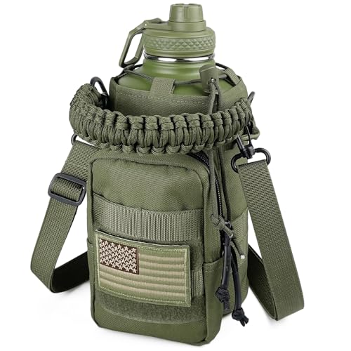 DEFUNX 64 Oz Insulated Water Bottle with Sleeve (All Military Green) - Half Gallon Water Jug with Handle - Stainless Steel Sports Water Bottle for Gym Workout Hiking Tactical Bottle with Pouch - color: Green Bottle with Military Green Sleeve, style: 64 Oz