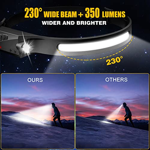 Headlamp Rechargeable, 230° Wide Beam Head Lamp LED with Motion Sensor for Adults - Camping Accessories Gear, Waterproof Head Light Flashlight for Hiking, Running, Repairing, Fishing, Cycling - size: 1 Pack