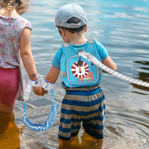 Toddler Harness Leash+ Anti Lost Wrist Link, Accmor Adorable Lion Baby Harness with Leash, Collapsible Child Anti Lost Leash Cute Kid Harness Belt Strap - Keep Kids & Babies Close While Walking - color: Baby Blue/Lion