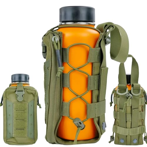 Molle Water Bottle Holder Pouches 16 24 32 40 64 oz Adjustable Capacity - color: Green, style: Enhanced