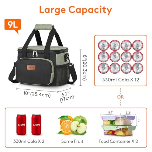 Lifewit Medium Lunch Bag, Insulated Lunch Box, Soft Cooler Cooling Tote for Adult Men Women, Black and Green 12-Can (9L) - color: Black/Green, size: Medium(9L)