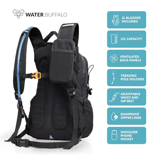 Water Buffalo Sherpa 22L Hiking Hydration Backpack, 2L Bladder - color: Black