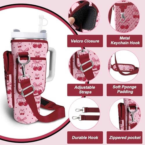 Water Bottle Carrier Bag for Stanley Cup 40/30oz, Neoprene Water Bottle Holder Pouch with 3 Pocket Adjustable Shoulder & Hand Strap - color: Pink Cherry Heart Bow
