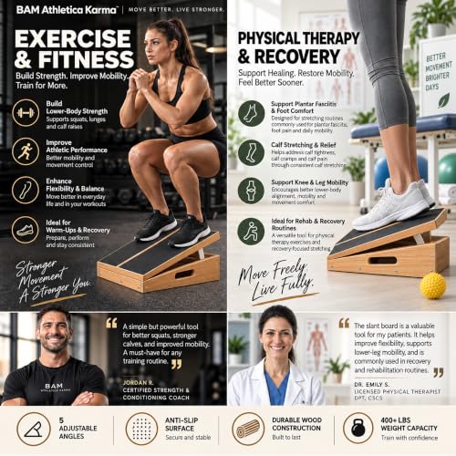 BAM Athletica Slant Boards for Exercise – Adjustable Wooden Calf Stretcher Incline Board for Calf Stretching, Squats, Physical Therapy, Plantar Fasciitis, Knee, Foot & Ankle Rehab, Velour Slant Board - color: Premium Slant Board | Large Full Coverage