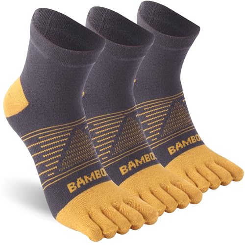 Sunew 3 Pairs Toe Socks for Men Women,Viscose Bamboo Breathable Athletic Running Five Finger Ankle/Quarter Socks - color: Grey+yellow, size: Medium