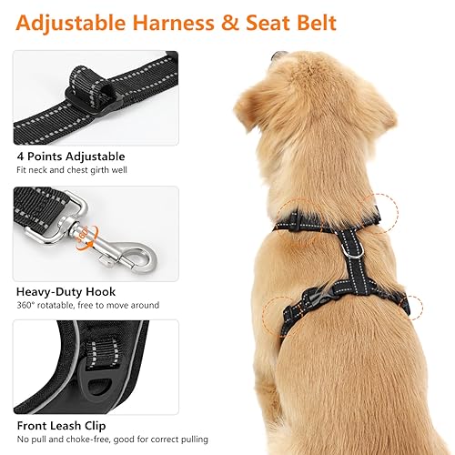 VavoPaw Dog Seat Belt Harness for Car, Dog Car Harness Adjustable Mesh Breathable & Dogs Seatbelt Safety Tether with Elastic Bungee for Small Medium Large Pets(Carbon Black, L)