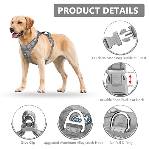 PoyPet No Pull Dog Harness, Reflective Vest with 2 Leash Clips & Handle - color: Grey(Matching Trim), size: S