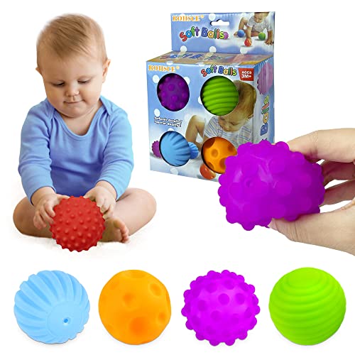 Baby Balls, 4 Pack Textured Multi Ball Set for Babies 3 Months+ - color: Vibrant Easy-Grip Balls