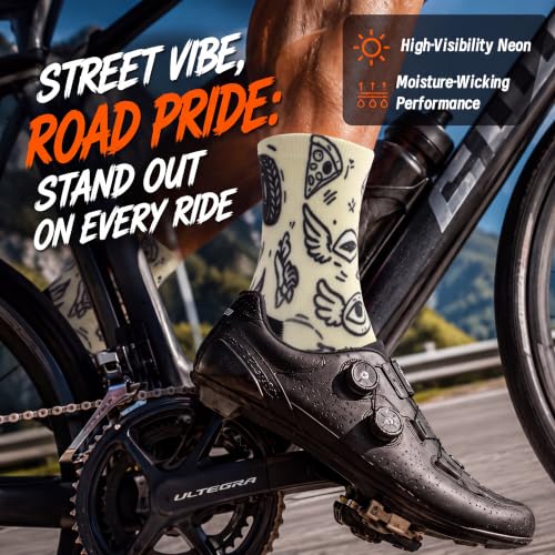 NIcool Cycling Socks For Men, 1/3 Pairs Bright Seamless Compression Running Crew Socks Youth Cushioned Tennis Quarter Socks - color: 1 Pair Ivory/Black Doodle