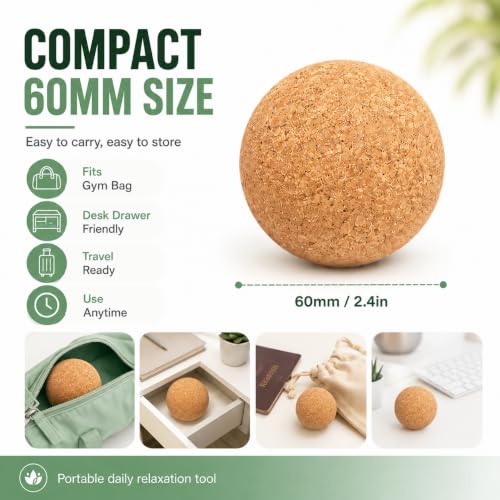 1pc Cork Massage Ball 2.4in, Wooden Cork Yoga Ball for Foot, Back, Shoulder and Leg Massage, Firm Fascia Roller Balls for Muscle Relaxation, Home Gym Travel