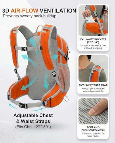 VPBAGE Hydration Backpack with 2L Bladder – Thermal Insulated Water Pack for Hiking, Skiing, Running – Lightweight Daypack for Men & Women, Soft-Lined Sunglasses Pocket & Large Waist Pockets - color: Orange