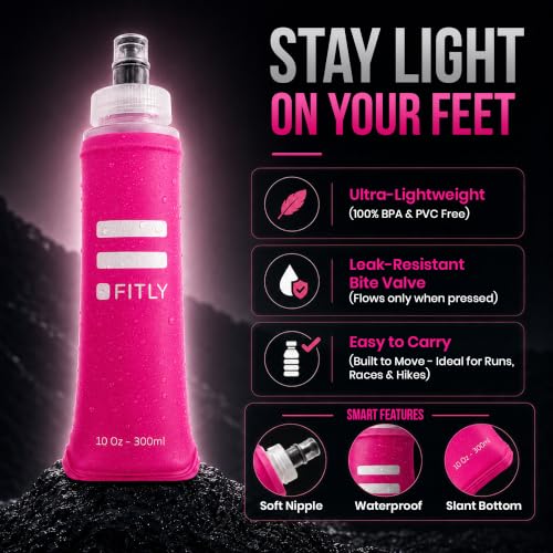 FITLY Soft Flask Running Water Bottle - Collapsible Hydration Flask - color: Pink, size: 10 Ounces