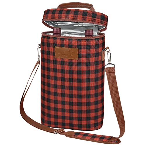 Tirrinia 2 Bottle Insulated Wine Tote Carrier Bag - color: Red Checker, size: 2 Bottle-without front pocket