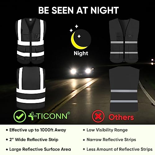 TICONN High Visibility Reflective Safety Vest for Men & Women, ANSI Class 2 - color: Black, size: Small