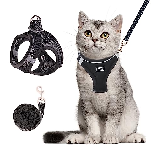 Cat Harness and Leash Set, Soft and Breathable Vest with Reflective Strip, Escape Proof Kitten Harness, Easy to Wear for Cats Walking and Traveling (Black, XXS) - color: Black, size: XXS (Chest:10''-11'')