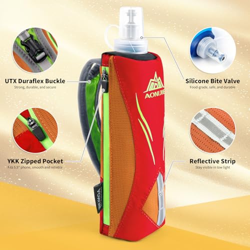 Geila Handheld Water Bottle for Running, 17 oz Grip Handheld Bottle with Hand Strap Hydration Pack, Sport Soft Flask - color: Orange+500ML Soft Flask