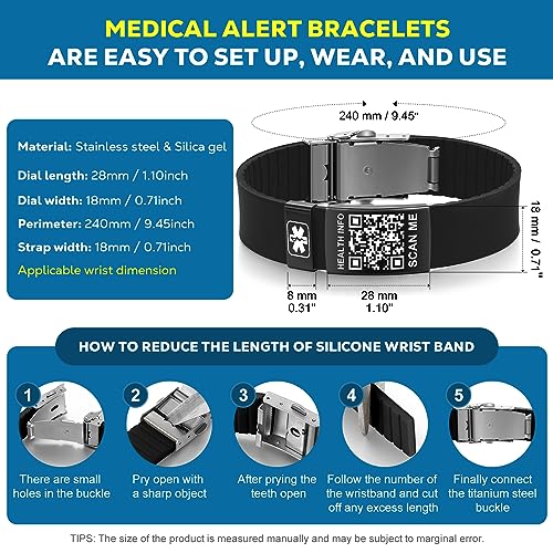 Medical Bracelets for Men Women with QR Code Medical Alert ID Bracelets - color: Black Silver