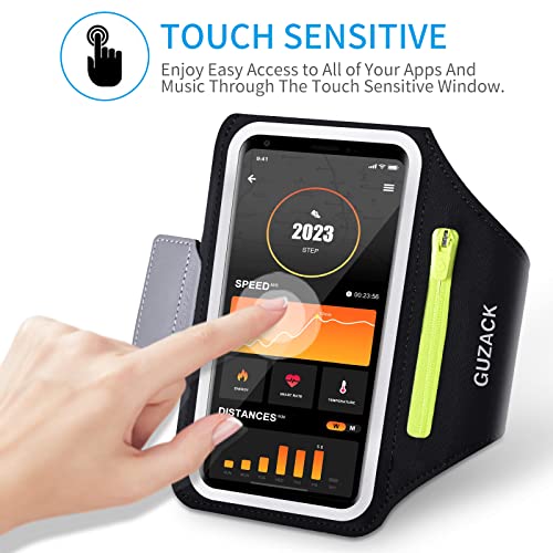 GUZACK Running Armband for iPhone 18 Pro Max 17 16 15, Galaxy S26 S25 S24, with Card Slot & Key Pockets, Running Phone Holder, Fit Up to 6.9 Inches Phone - Size S (Smaller Arm 9-14 in) - color: Green Zipper, size: S