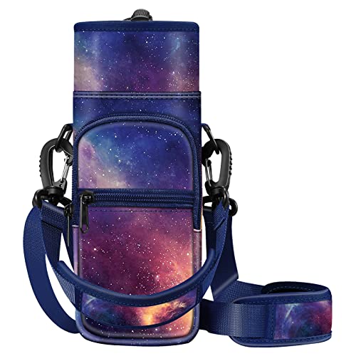 CaseBot Water Bottle Carrier Bag Sling Case, Sports Water Bottle Pouch Holder Sleeve with Adjustable Shoulder Hand Strap and 2 Pockets for Men Women Hiking Camping Travelling - color: Galaxy