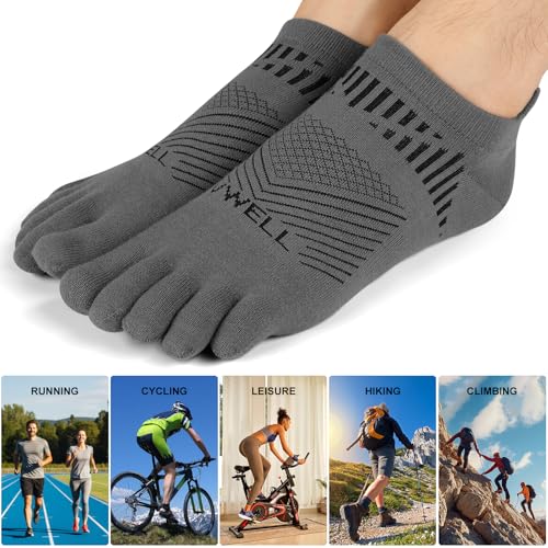 VWELL Toe Socks for Men Women COOLMAX Athletic Running Ankle Socks (3Pairs) - color: Grey, size: Medium