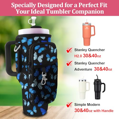 Stanley Carrier Bag for Stanley 40oz/30ozTumbler with Phone with 2 Adjustable Strap,3 Pockets Bottle Stanley Cup Carrier Bag & Case,Accessories for Hiking Travelling - color: Blue Butterfly