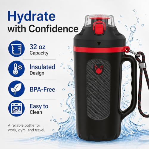 32oz Insulated Water Bottle Multi-Function Sports Jug with Handle & Magnetic Blender - Leak Resistant for Baseball Football Gym & Outdoor Activities (Black & Fiery Red) - color: Black & Fiery Red