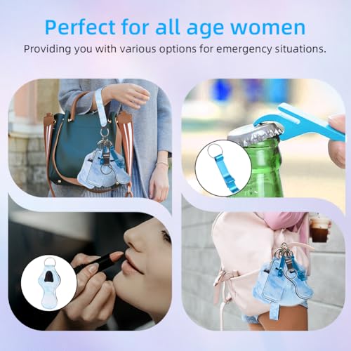 8 Piece Safety Keychain Set for Women, Blue Neoprene Wristlet Strap with Pom Pom, Whistle, Bottle Opener, Lipstick Holder, and Empty Bottle, 8-in-1 Utility for Students and Night Runners